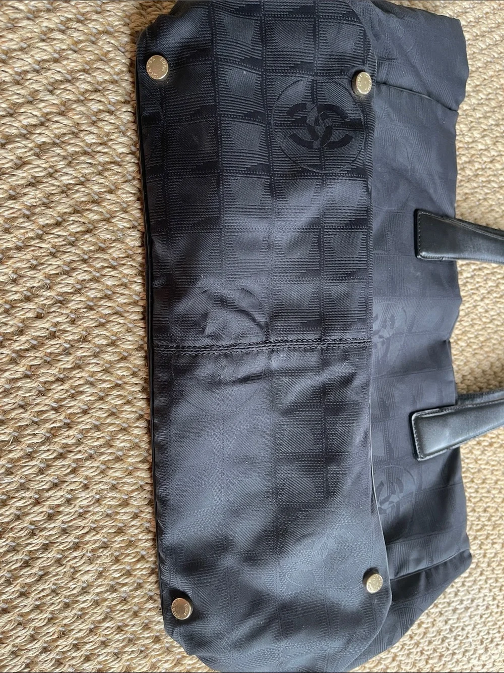 CHANEL Black  Logo Jacquard Tote with Leather Handles